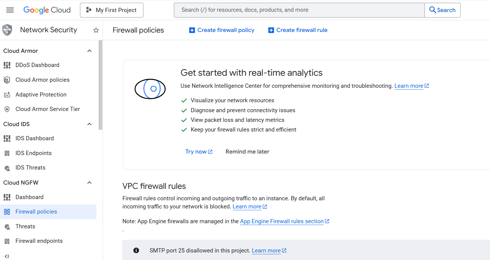 Image Alt Text:Google Cloud console VPC Network Firewall page showing the Create firewall rule button in the top menu bar