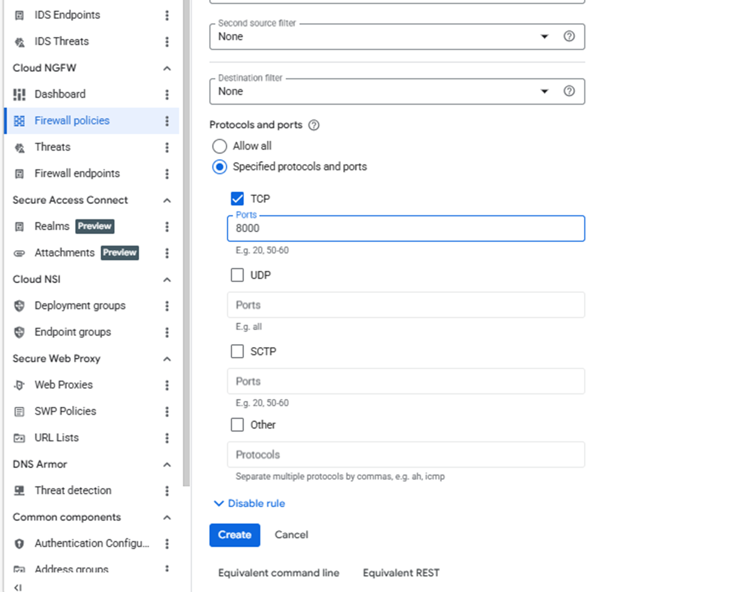 Image Alt Text:Google Cloud console Protocols and ports section with TCP selected and port 8000 entered