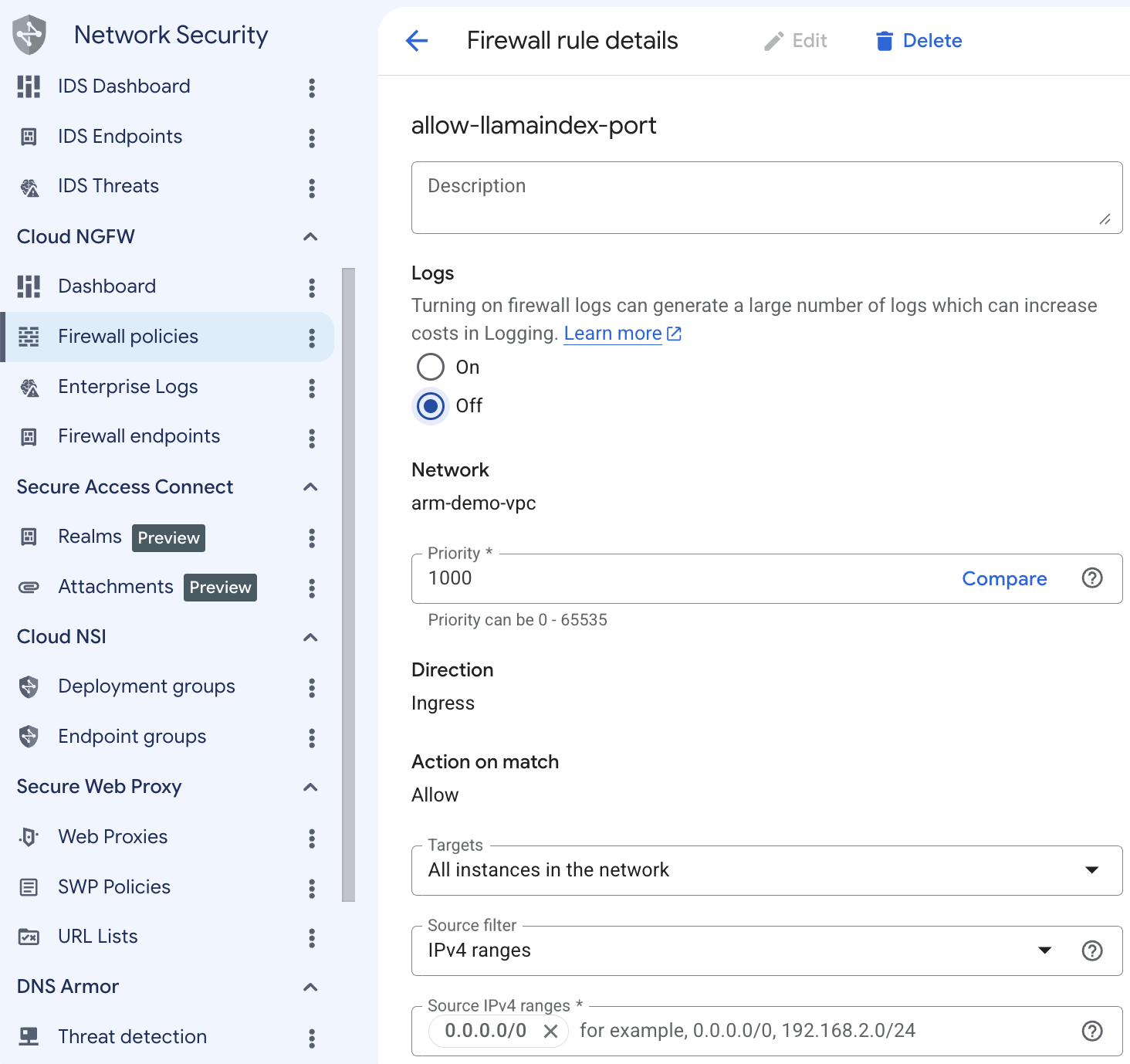 Image Alt Text:Google Cloud console Create firewall rule form with Name set to allow-llamaindex-port and Direction of traffic set to Ingress