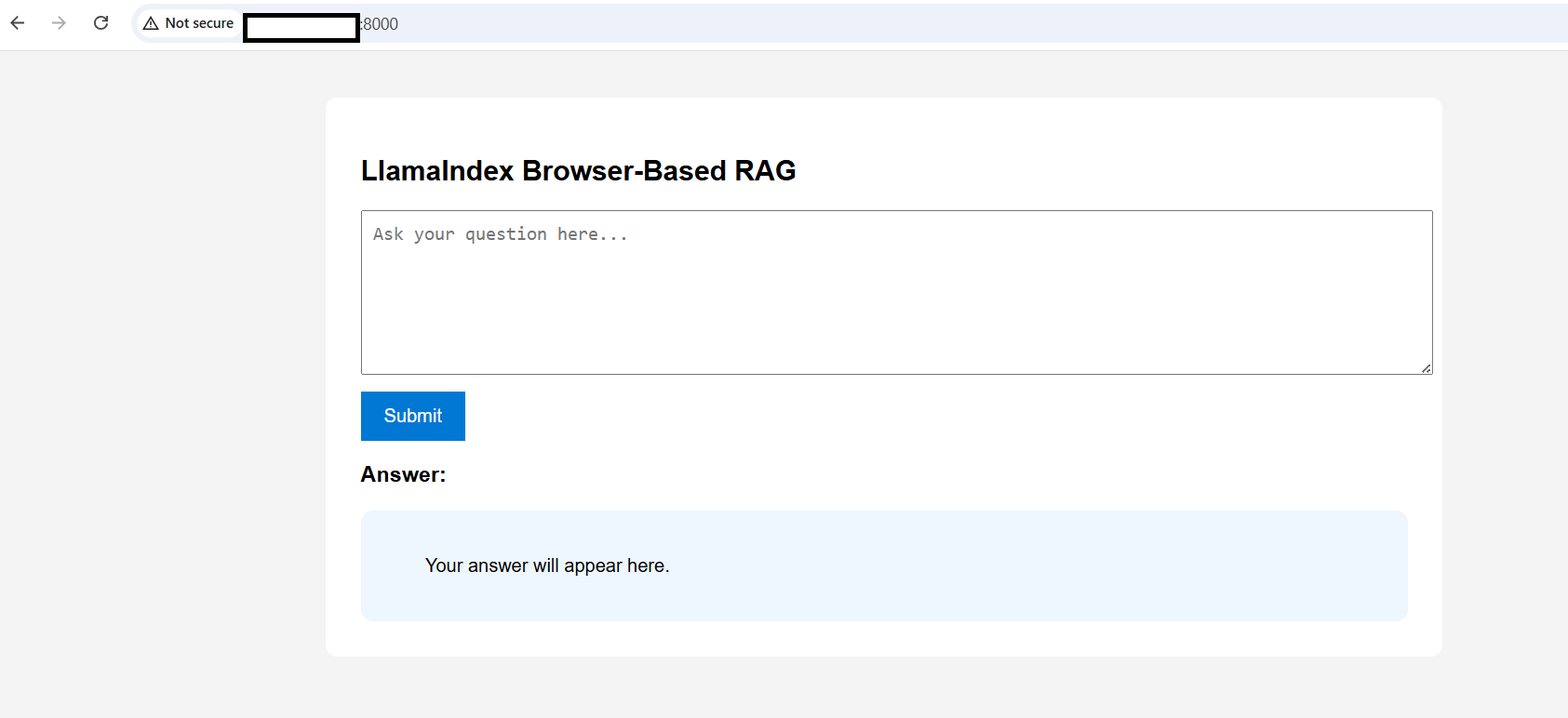 Image Alt Text:Browser-based RAG application showing a question input box and generated response using LlamaIndex and Ollama