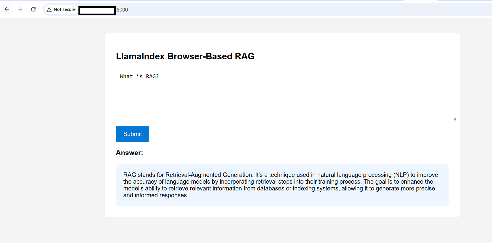 Image Alt Text:Browser UI showing the response generated for the question &lsquo;What is RAG?&rsquo; using LlamaIndex and Ollama