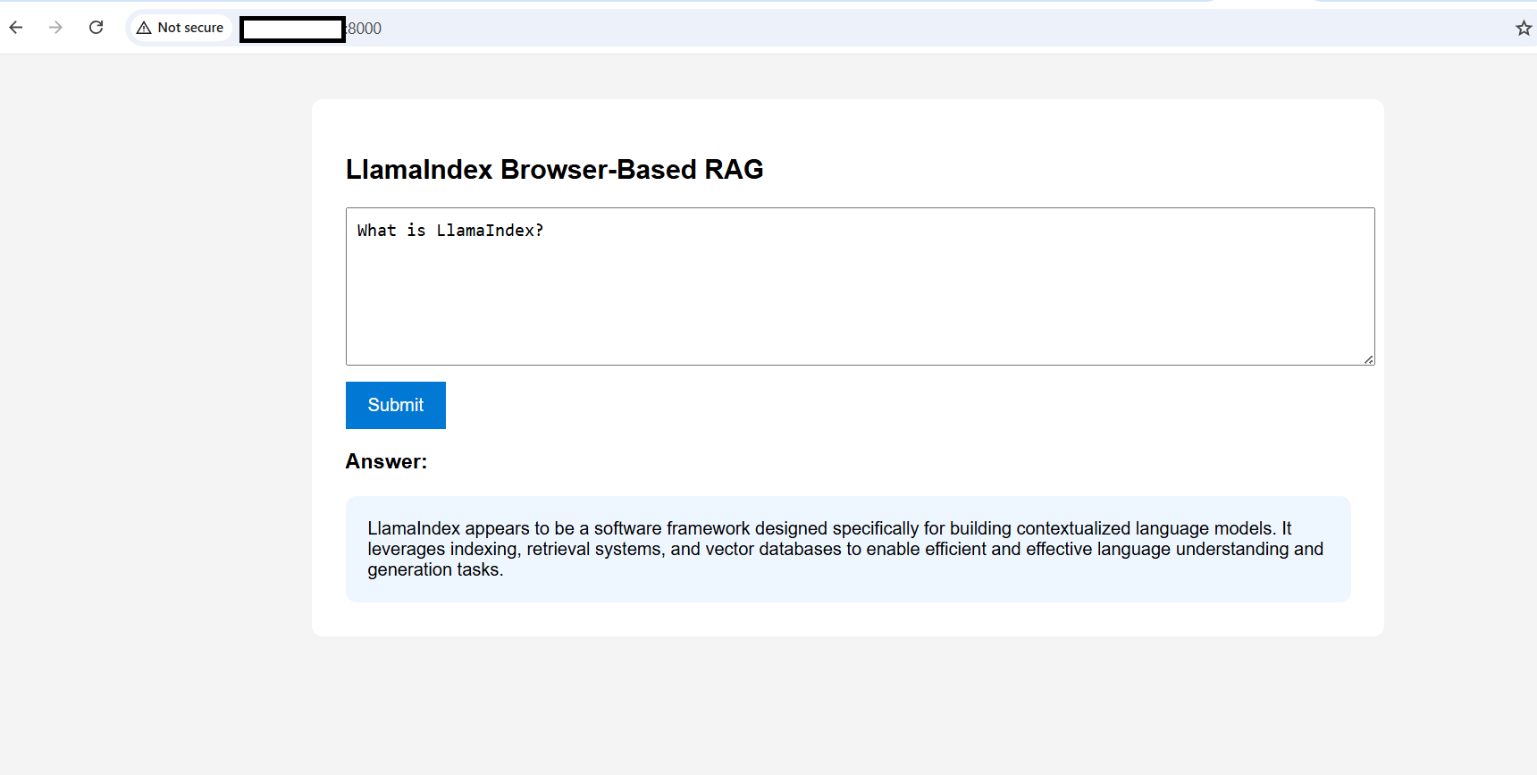 Image Alt Text:Browser UI showing the response generated for the question &lsquo;What is LlamaIndex?&rsquo;
