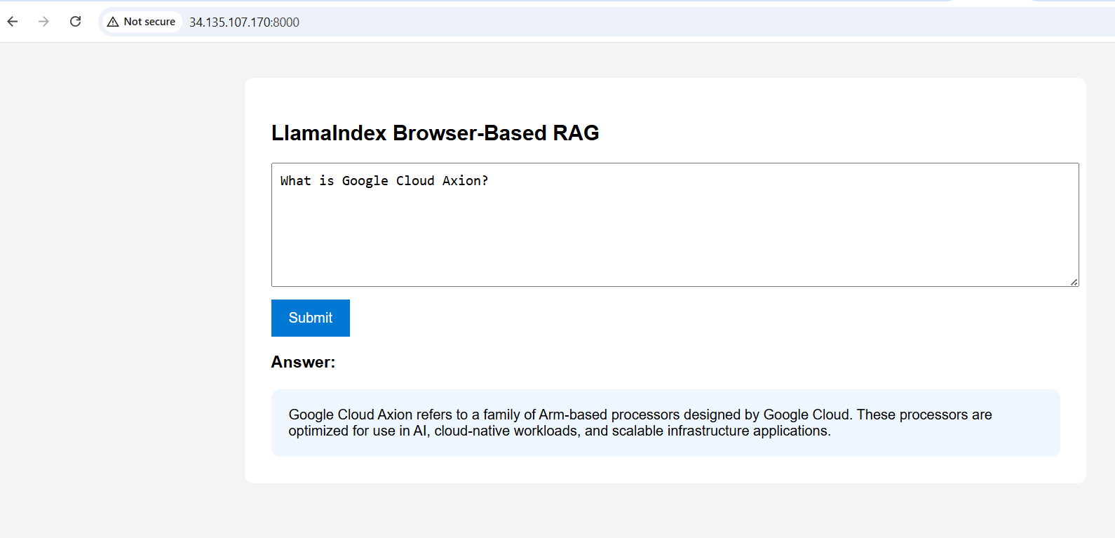 Image Alt Text:Browser UI showing the response generated for the question &lsquo;What is Google Cloud Axion?&rsquo;