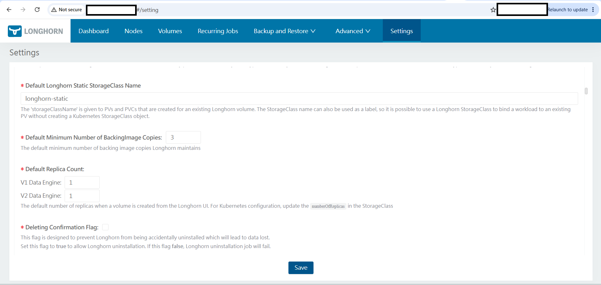 Image Alt Text:Longhorn Settings page showing the Default Replica Count configuration for a single-node Kubernetes deployment on an Arm64 Azure VM powered by Azure Cobalt 100. Ensure both V1 and V2 Data Engine replica counts are configured to 1 before creating persistent volumes in the single-node Longhorn environment.