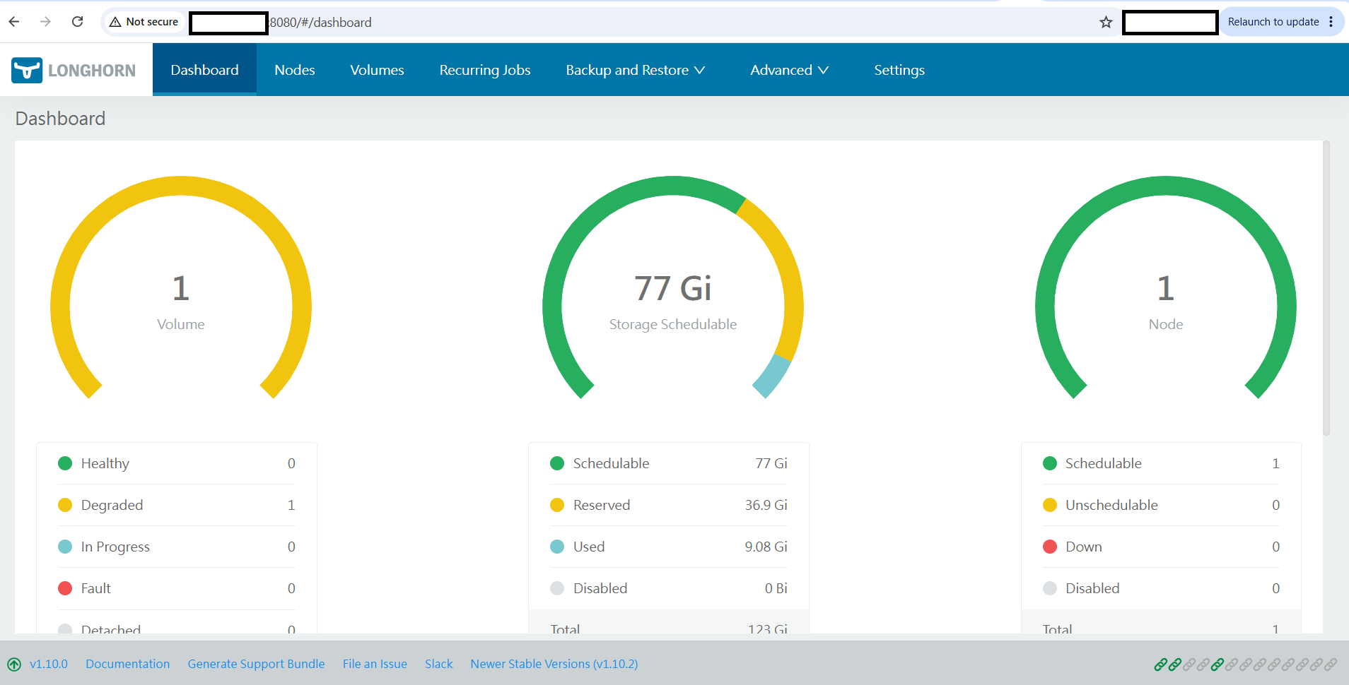 Image Alt Text:Longhorn UI Dashboard showing the cluster summary, storage schedulable capacity, volume health, and node status on the Arm64 Azure VM powered by Azure Cobalt 100. Verify that the Kubernetes node is schedulable, Longhorn storage is available, and the dashboard is accessible before proceeding to persistent volume configuration.