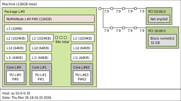 Image Alt Text:hwloc topology diagram for AWS Graviton2 c6g showing Neoverse N1 cores with private L1 and L2 caches