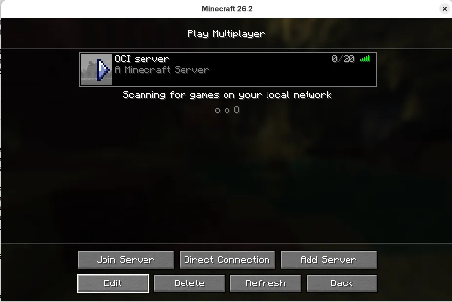 Image Alt Text:Minecraft Play Multiplayer screen showing the OCI server listed with connection bars and the Join Server button available