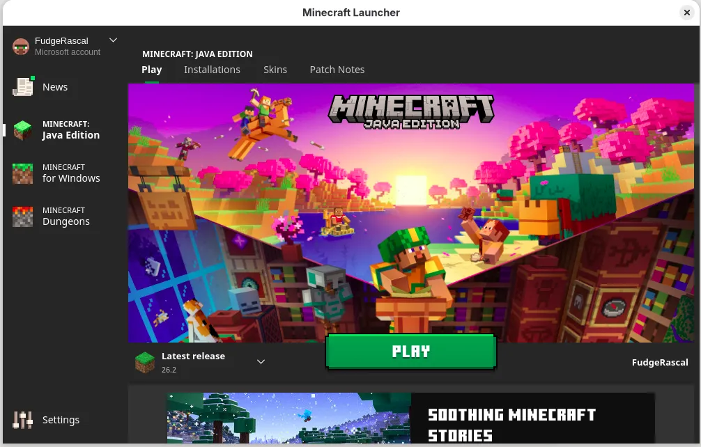 Image Alt Text:Minecraft Launcher with Minecraft: Java Edition selected and the Play button visible