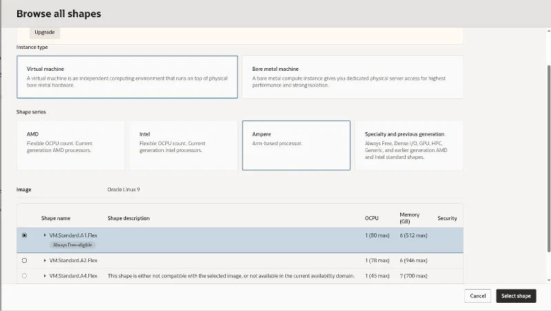 Image Alt Text:OCI instance creation shape settings panel with VM.Standard.A1.Flex selected