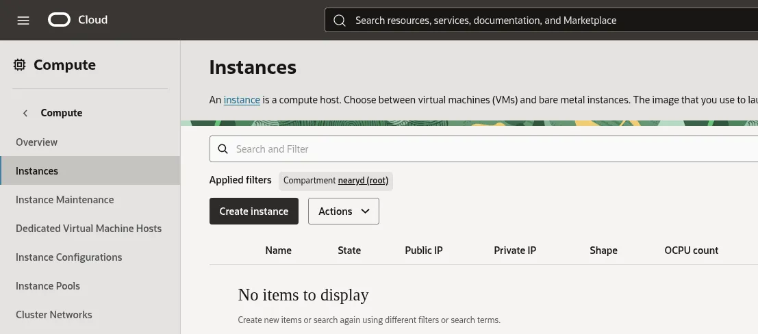 Image Alt Text:OCI Console Compute dashboard showing the Instances section