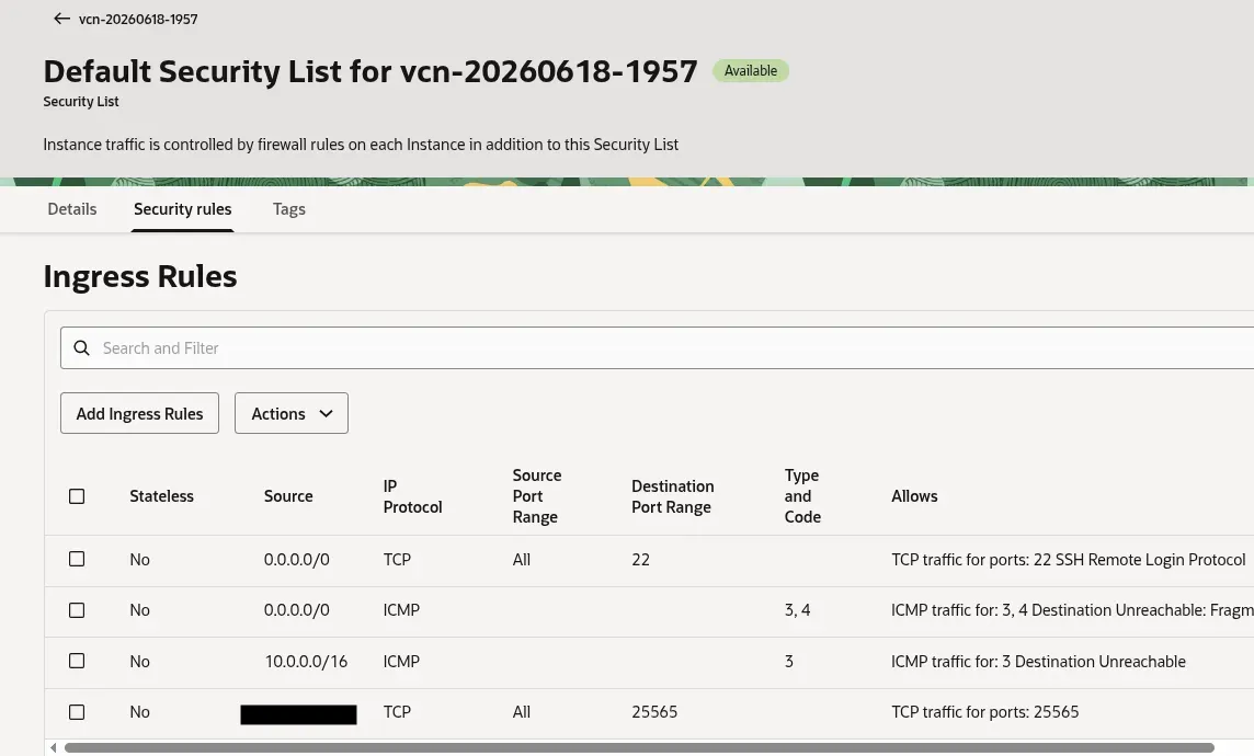 Image Alt Text:OCI Default Security List Security rules tab showing an ingress rule that allows TCP traffic to destination port 25565 from the selected source CIDR