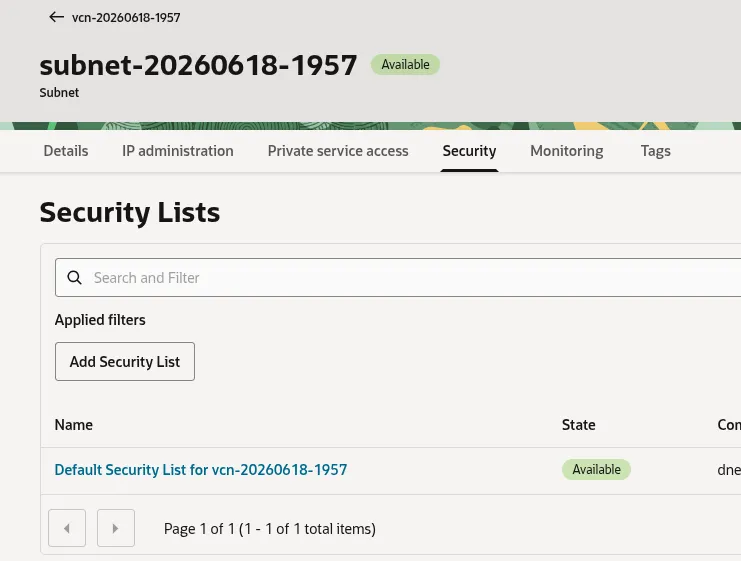Image Alt Text:OCI Subnet Details page highlighting the Default Security List