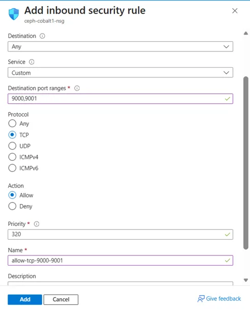 Image Alt Text:Azure Portal inbound security rule configuration form showing ports 9000 and 9001, TCP protocol, and Allow action