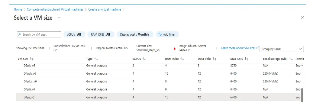 Image Alt Text:Azure Portal VM size selection showing the D-Series v6 (Dpsv6) family highlighted with D4ps_v6 option selected for Arm64 architecture