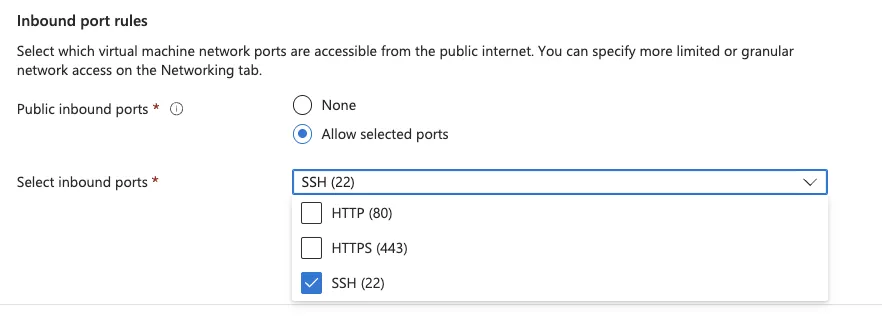 Image Alt Text:Azure Portal inbound port rules configuration showing SSH (22) selected as the allowed incoming port