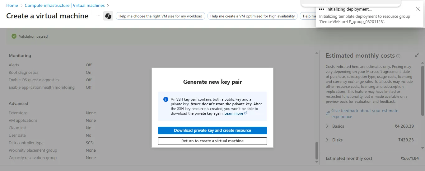 Image Alt Text:Azure Portal showing the Create button and Download Private key and Create Resource button to finalize VM creation