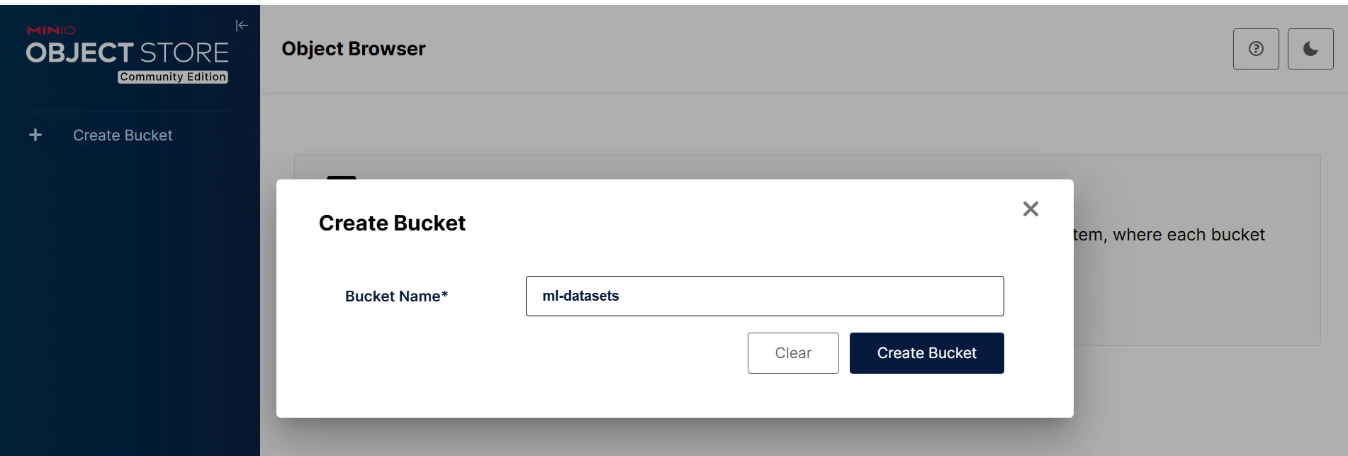 Image Alt Text:MinIO console showing the Create Bucket form with the bucket name field