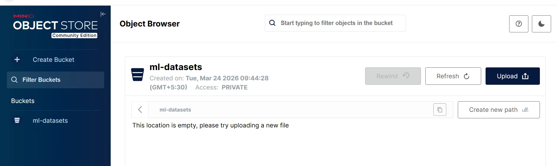 Image Alt Text:MinIO console showing the ml-datasets bucket successfully created