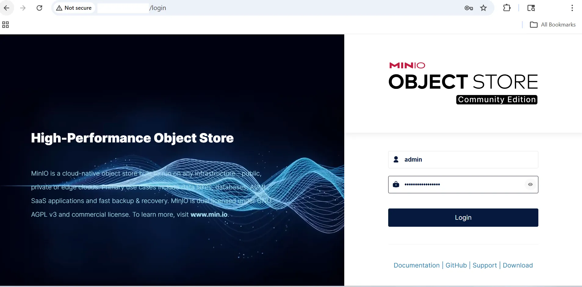 Image Alt Text:MinIO web console login page showing the username and password fields