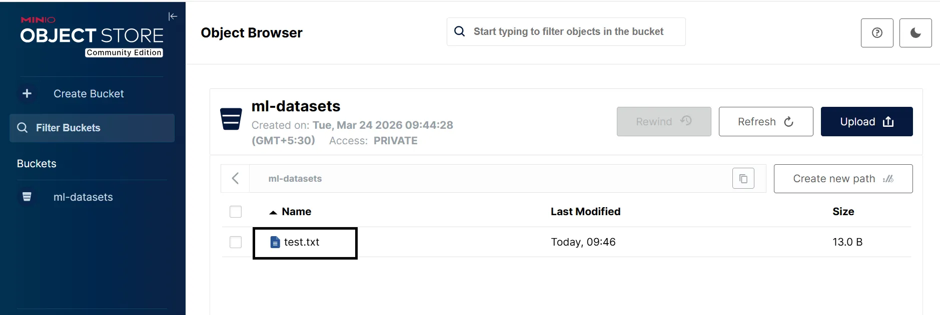 Image Alt Text:MinIO console showing test.txt uploaded to the ml-datasets bucket