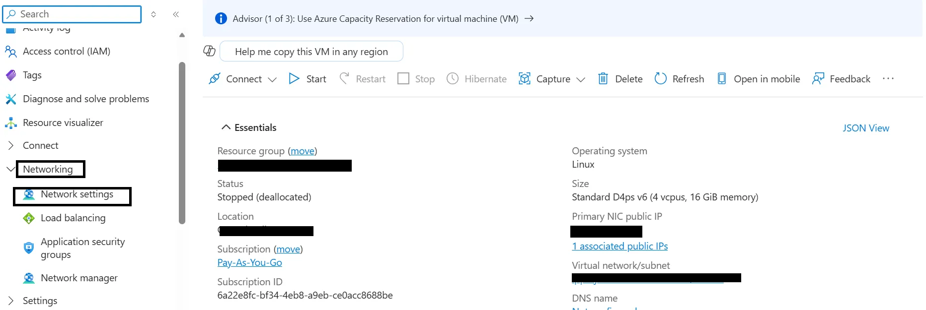 Image Alt Text:Azure Portal Network settings page showing network interface and security group configuration