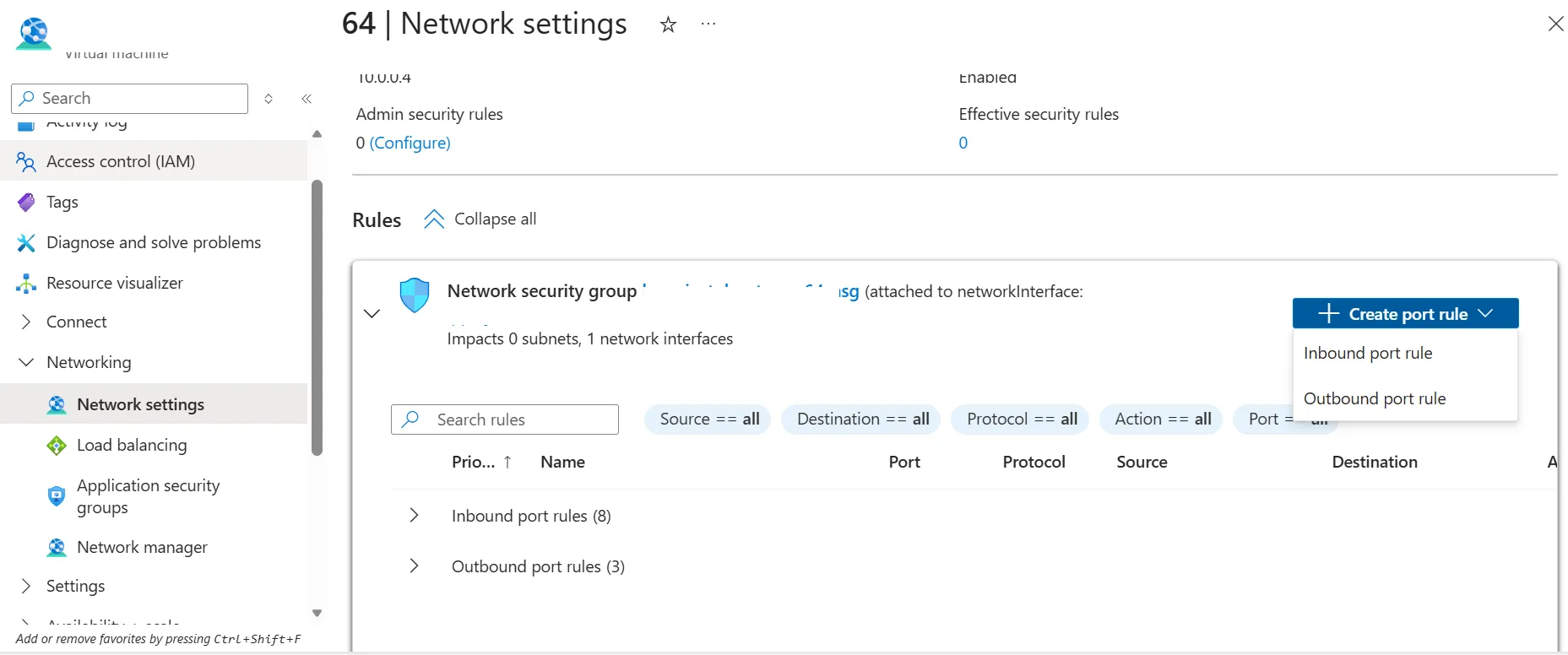 Image Alt Text:Azure Portal showing Create port rule dropdown with Inbound port rule option highlighted