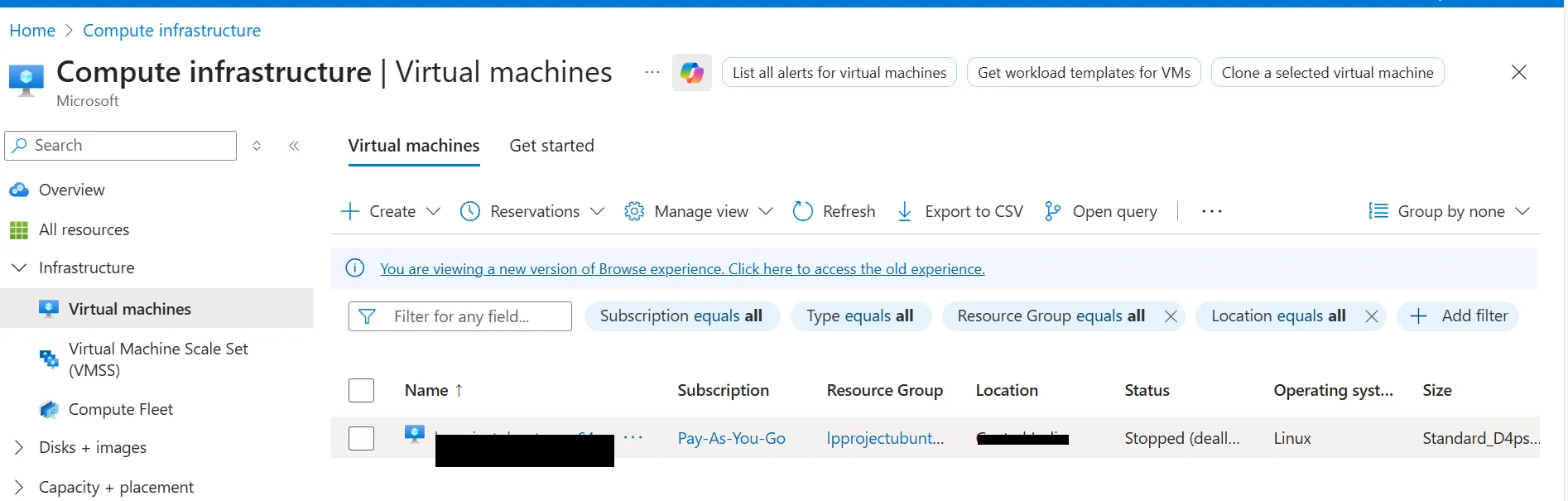Image Alt Text:Azure Portal Virtual Machines page showing list of running VMs with details like status, location, and size