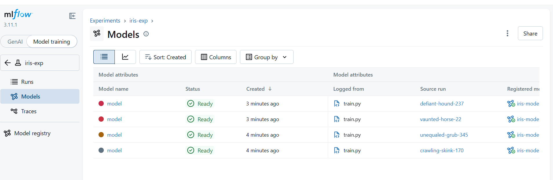 Image Alt Text:MLflow Model Registry showing iris-model with multiple registered versions and the production alias visible next to the best-performing version in the versions table
