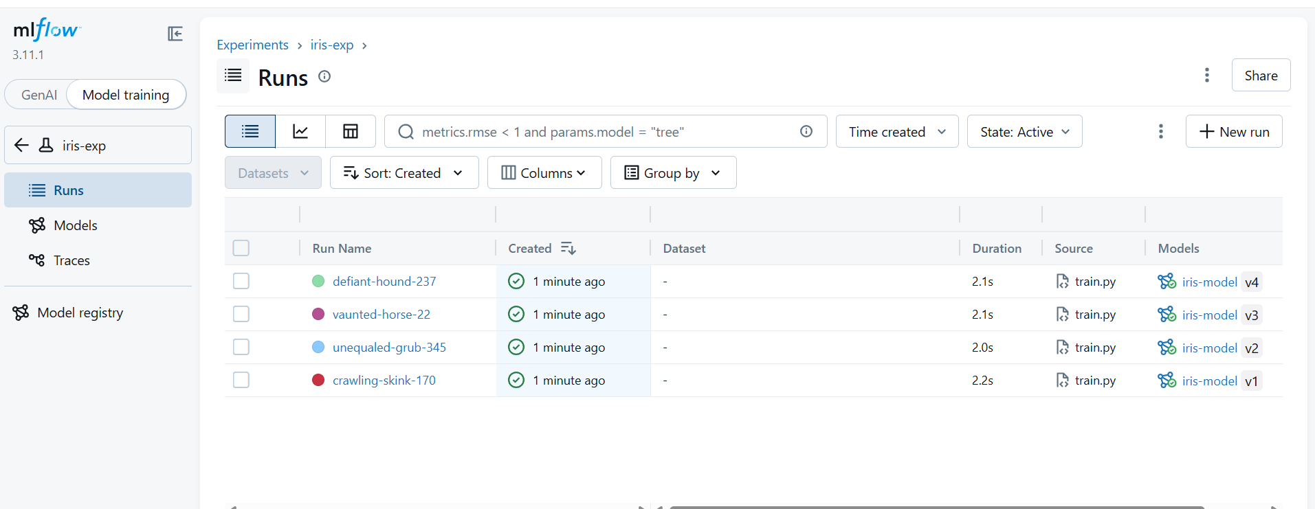Image Alt Text:MLflow Experiments page showing iris-exp experiment with three completed runs, displaying the C parameter values and accuracy metrics for each run in a table view