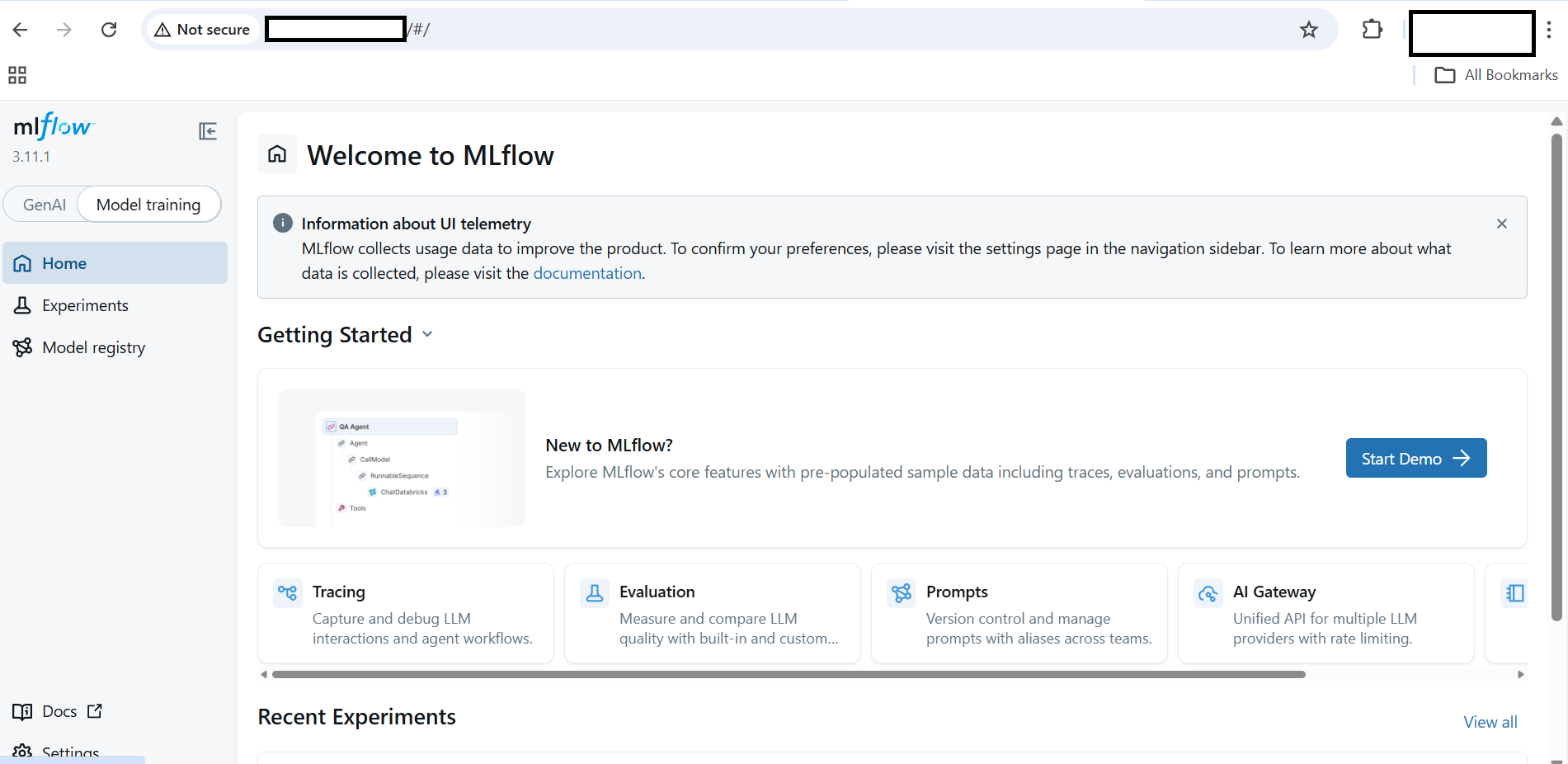 Image Alt Text:MLflow UI landing page showing Experiments and Models tabs in the top navigation bar with an empty experiments list below