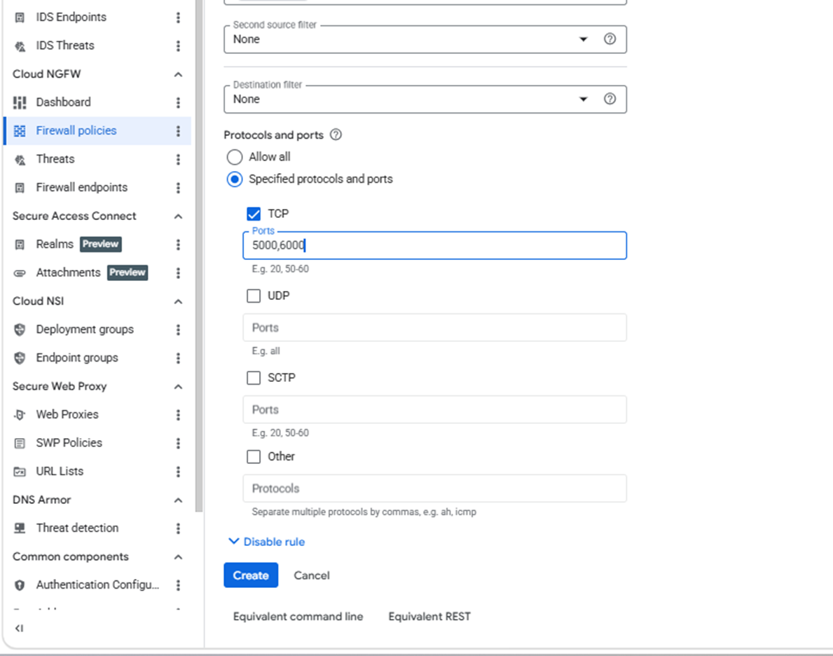 Image Alt Text:Google Cloud Console Protocols and ports section with TCP selected and ports 5000 and 6000 entered