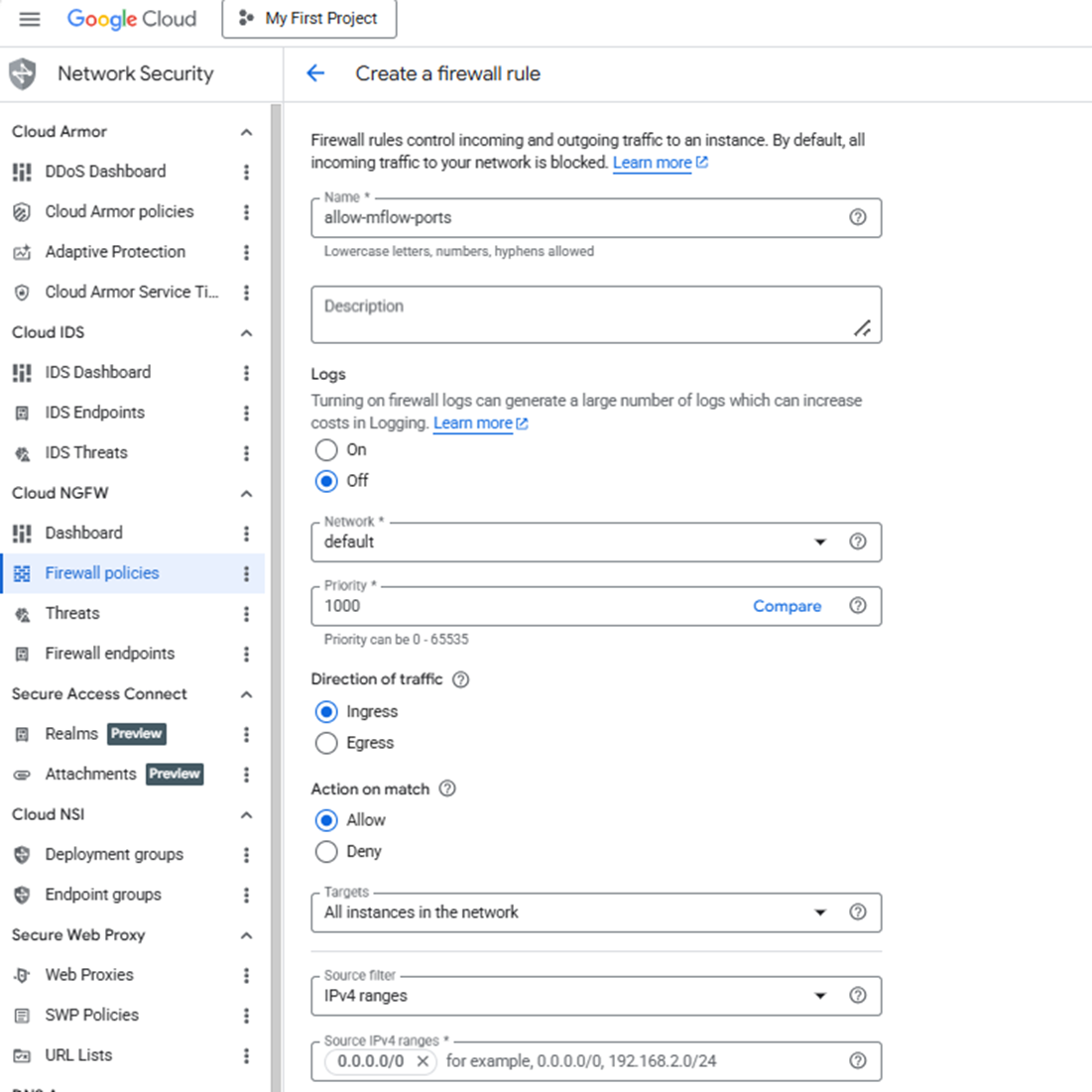 Image Alt Text:Google Cloud Console Create firewall rule form with Name set to allow-mlflow-ports and Direction of traffic set to Ingress