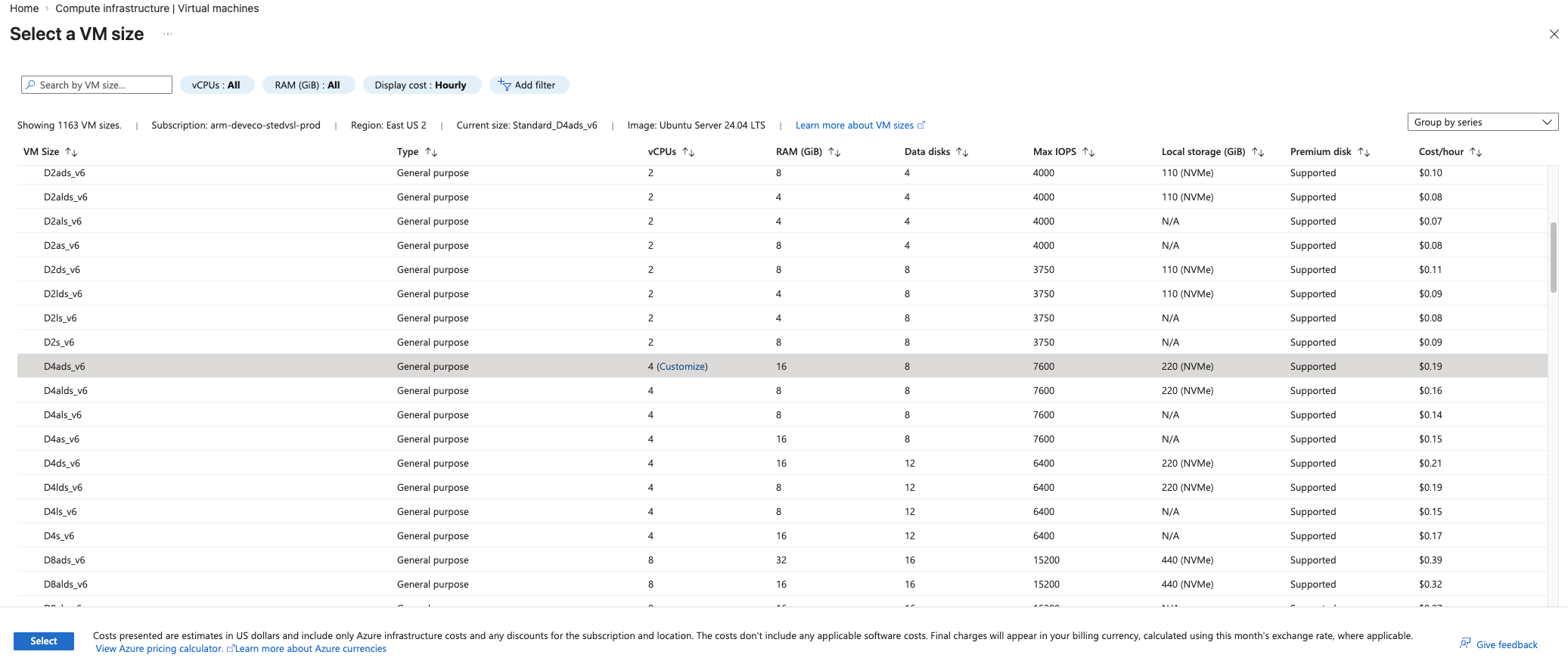 Image Alt Text:Azure Portal showing D-Series v6 VM size selection with x64 D4ads_v6 highlighted