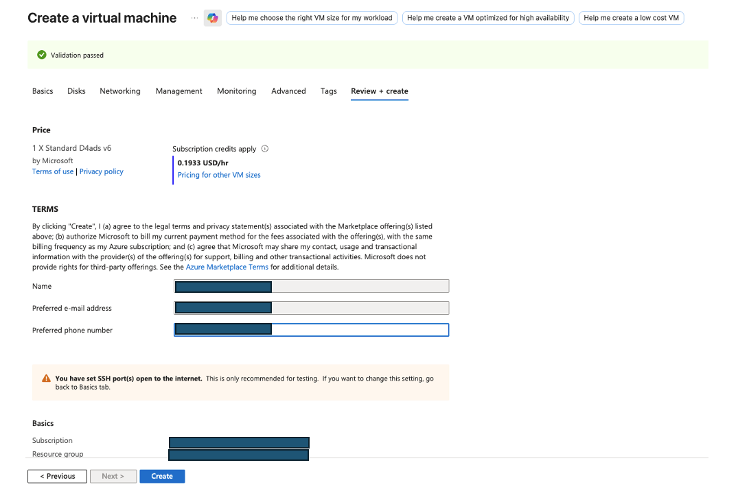 Image Alt Text:Azure Portal Review + Create tab showing VM configuration summary ready for deployment