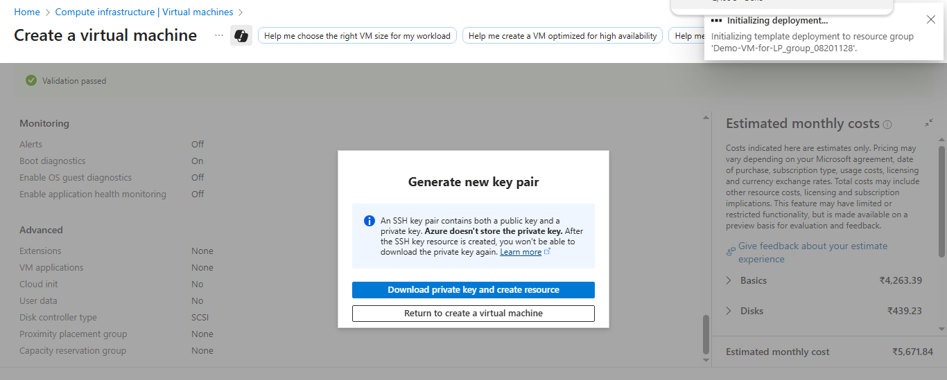 Image Alt Text:Azure Portal showing Create button and SSH key download dialog