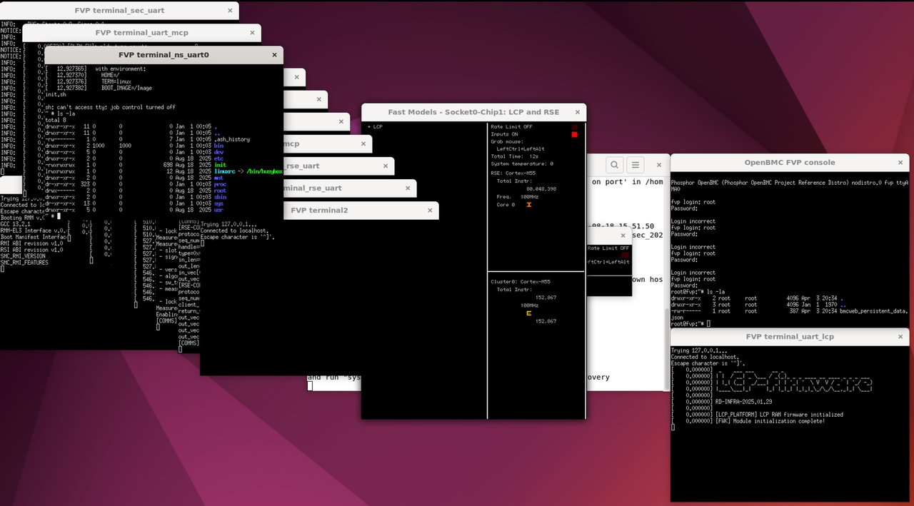 Image Alt Text:img2 BMC and host consoles each showing a login prompt after a successful OpenBMC + host UEFI simulation on RD-V3 FVP