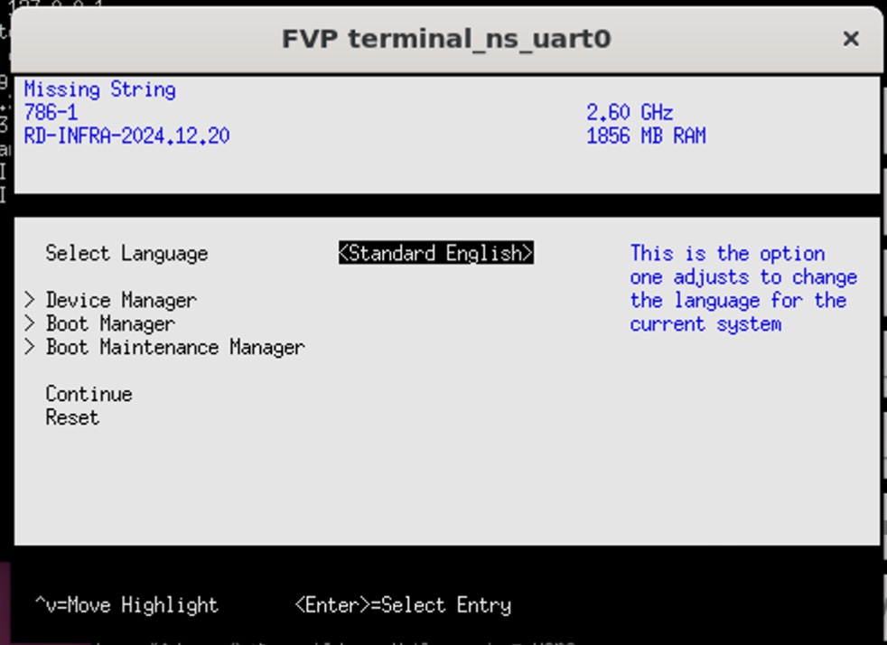 Image Alt Text:img2 UEFI firmware setup menu in the FVP <code>terminal_ns_uart0</code> console before GRUB boots (OpenBMC/UEFI on RD-V3 FVP)