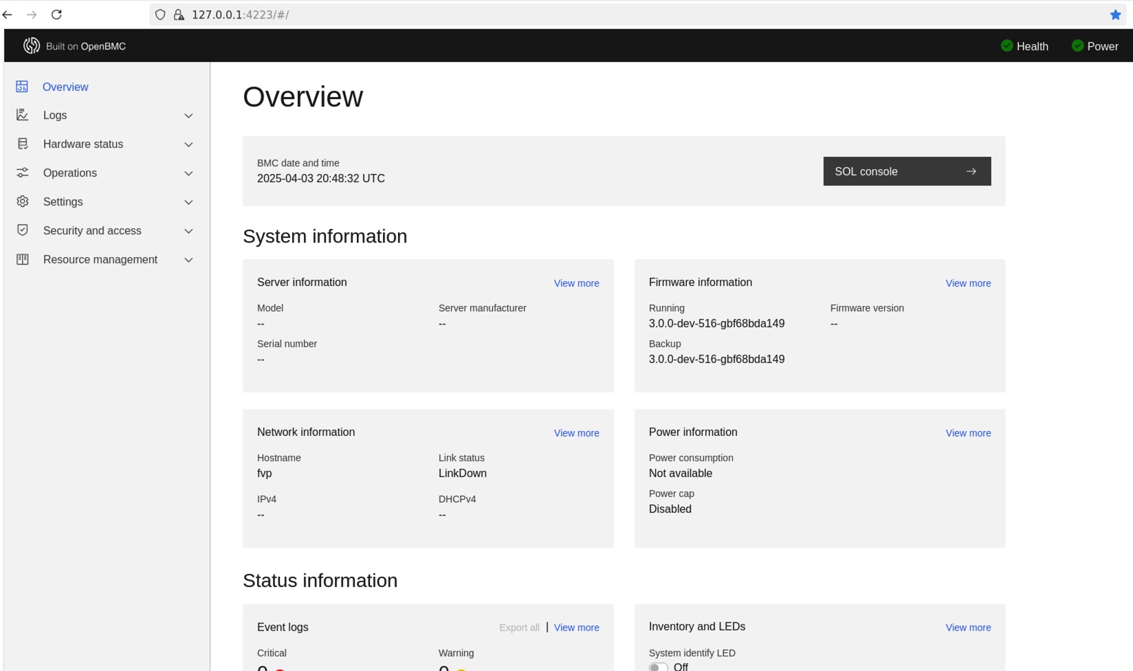Image Alt Text:BMC web UI overview dashboard showing system status and SOL Console button alt-text