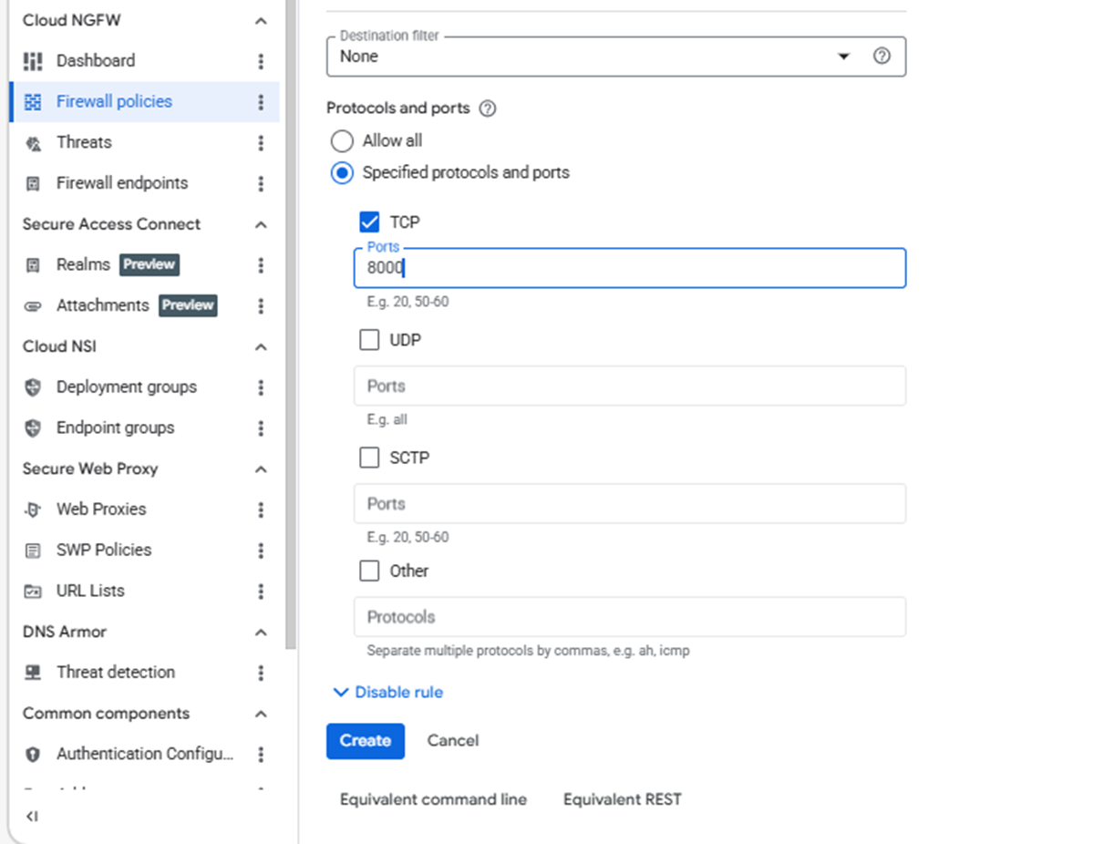 Image Alt Text:Google Cloud Console Protocols and ports section showing TCP checkbox selected with port 8000 configured for OpenCV browser visualization