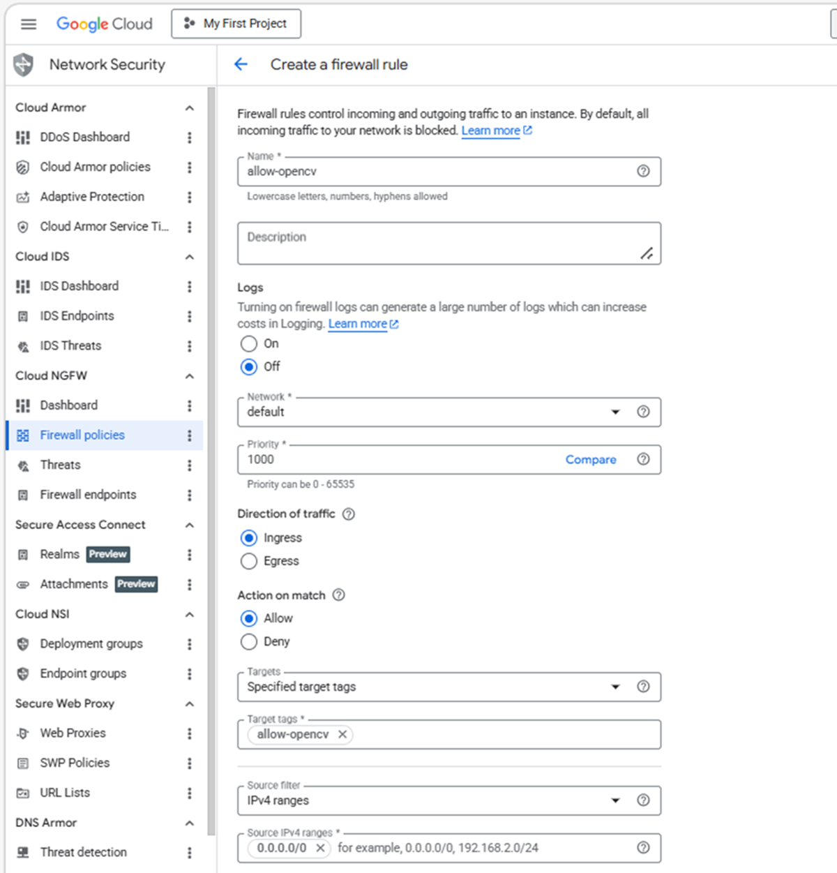 Image Alt Text:Google Cloud Console Create firewall rule form configured for OpenCV with Ingress and Allow settings