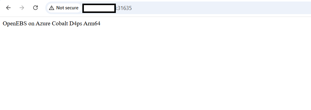 Image Alt Text:NGINX application running on Kubernetes with persistent storage provisioned by OpenEBS LocalPV on Azure Cobalt 100 Arm64.