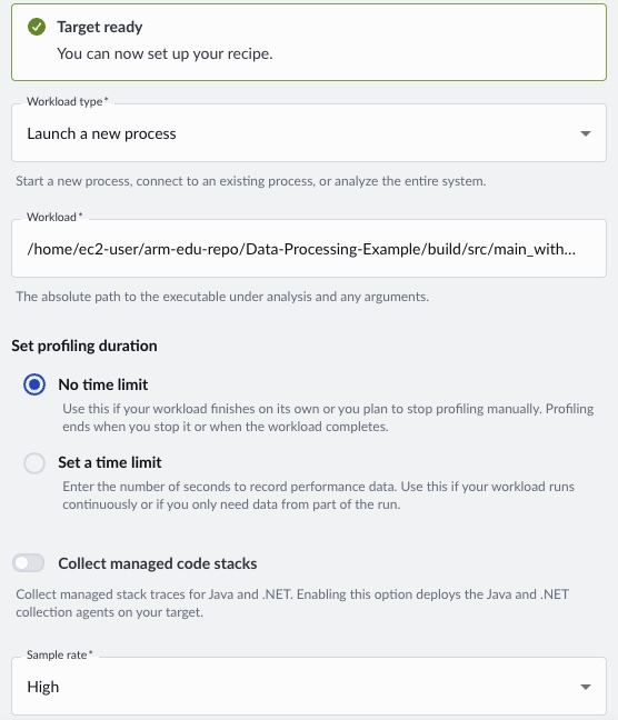 Image Alt Text:A screenshot of the Arm Performix GUI showing a Code Hotspots run configured for the accelerated executable main_with_apl. The workload, profiling duration, and sample rate settings and their values are visible