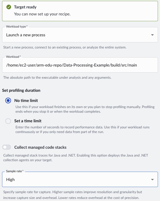 Image Alt Text:A screenshot of the Arm Performix GUI with the Code Hotspots recipe configuration for the baseline executable. The workload, profiling duration, and sample rate settings and their values are visible.