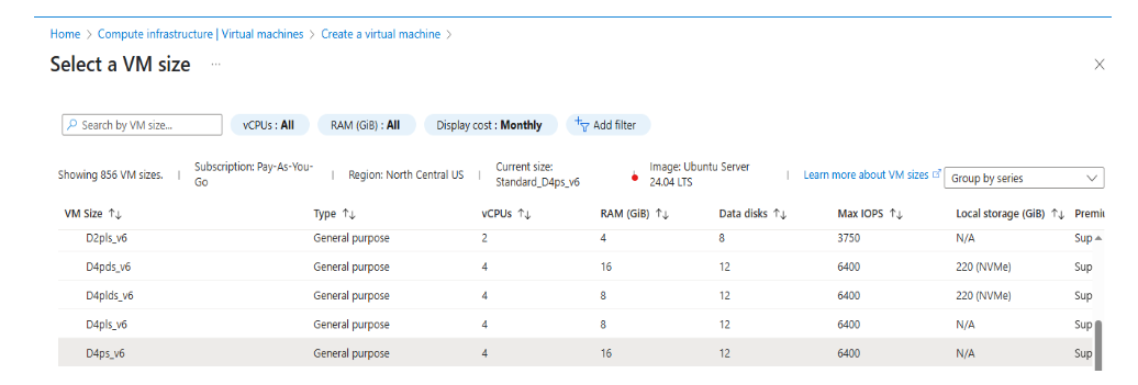 Image Alt Text:Azure Portal VM size selection showing the D-Series v6 (Dpsv6) family highlighted with the D4ps_v6 Arm64 instance selected