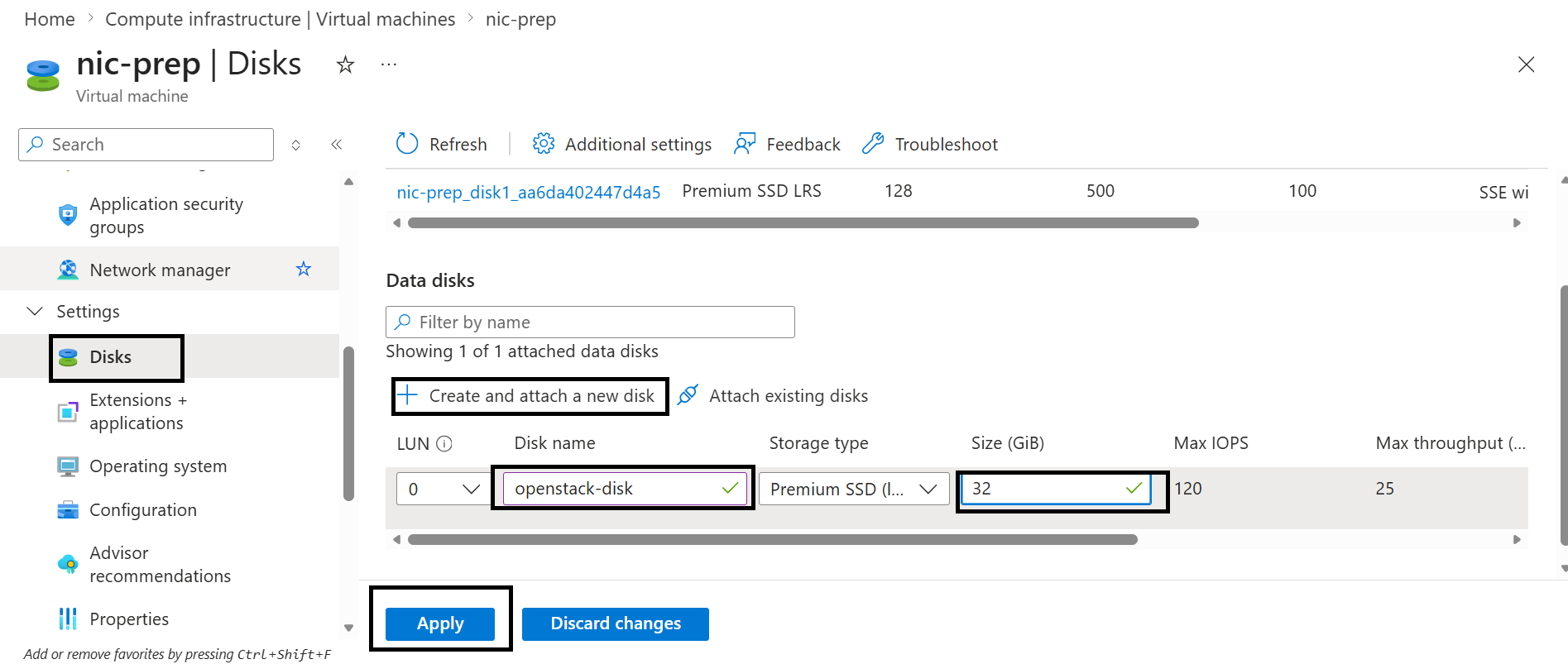 Image Alt Text:Azure Portal Disks settings showing the newly attached 32 GB Standard SSD listed under data disks