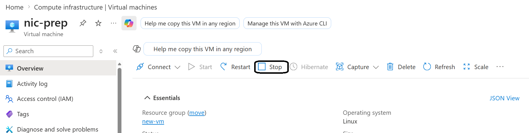 Image Alt Text:Azure Portal showing the VM Stop button highlighted in the top action bar, used to shut down the VM before attaching a NIC