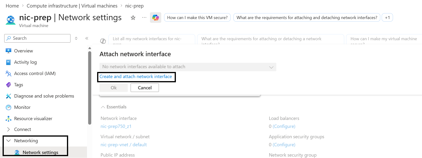 Image Alt Text:Azure Portal Create NIC configuration screen showing subnet selection and name field for the new network interface