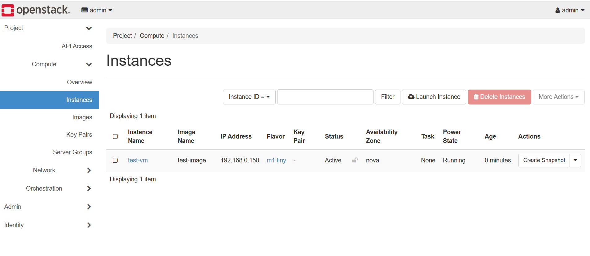 Image Alt Text:OpenStack Horizon Instances page showing test-vm in ACTIVE state with an assigned IP address from the test-net network