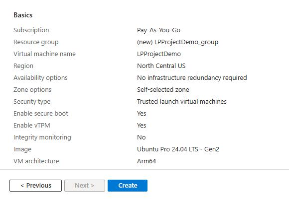 Image Alt Text:Azure Portal Review + Create tab showing VM configuration summary with Ubuntu Pro 24.04 LTS image, D4ps_v6 size, and networking settings configured