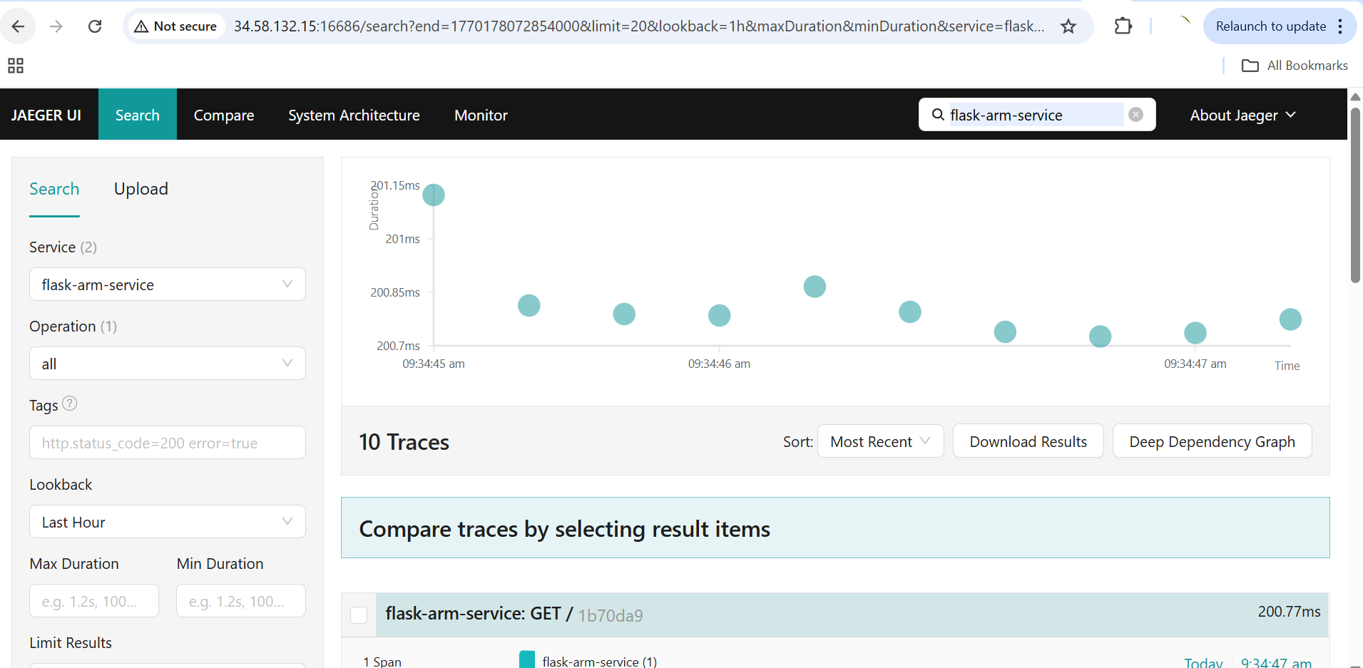 Image Alt Text:Jaeger UI showing distributed trace spans for the flask-arm-service, including request timing and service dependency graph alt-txt